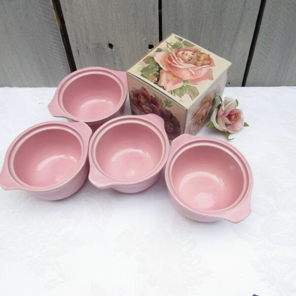 Pink Bean Pots, Set of 4 custard cups, oven bake cups, mid century pink cookware, mini casserole dishes, round pink hot dessert cups