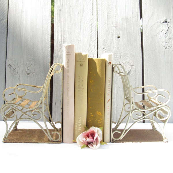 Vintage Shabby chic lawn chair bookends, park bench bookends, rusty metal bench, cottage chic weathered bookends, french country bookend