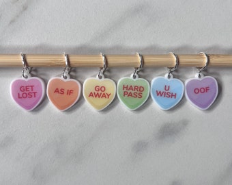 Anti-Valentine’s Day Conversation Heart Stitch Markers - Salty Candy Acrylic Knitting and Crochet Progress Keepers - Fiber Arts Tools