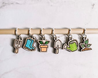 Gardening Stitch Markers - Laser Engraved Knitting and Crochet Progress Keepers - Plant Knitting Crochet Tools