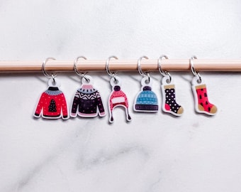 Winter Knits Stitch Markers - Cozy Handmade Acrylic Knitting and Crochet Progress Keepers - Christmas Knitting Crochet Tools