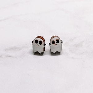 Ghost Stud Earrings - Hand Painted Spooky Wood Earrings - Halloween Wood and Resin Laser Cut Jewelry