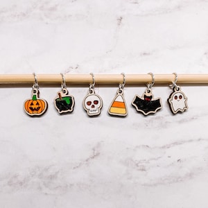 Traditional Halloween Stitch Markers - Laser Engraved Hand Painted Knitting and Crochet Progress Keepers - Spooky Knitting Crochet Tools