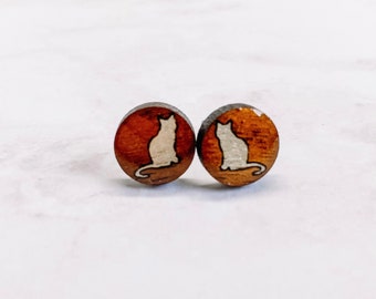 Shorthair Cat Stud Earrings - Hand Painted Wood Earrings - Cat Mom Jewelry