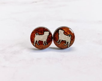 Pug Stud Earrings - Hand Painted Wood Earrings - Dog Mom Jewelry