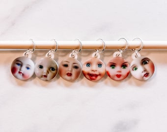 Creepy Doll Face Stitch Markers - Spooky Halloween Acrylic Knitting and Crochet Progress Keepers - Horror Knitting Crochet Tools