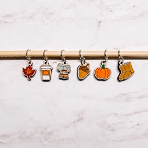 Fall Stitch Markers - Laser Engraved Hand Painted Knitting and Crochet Progress Keepers - Autumn Knitting Accessories
