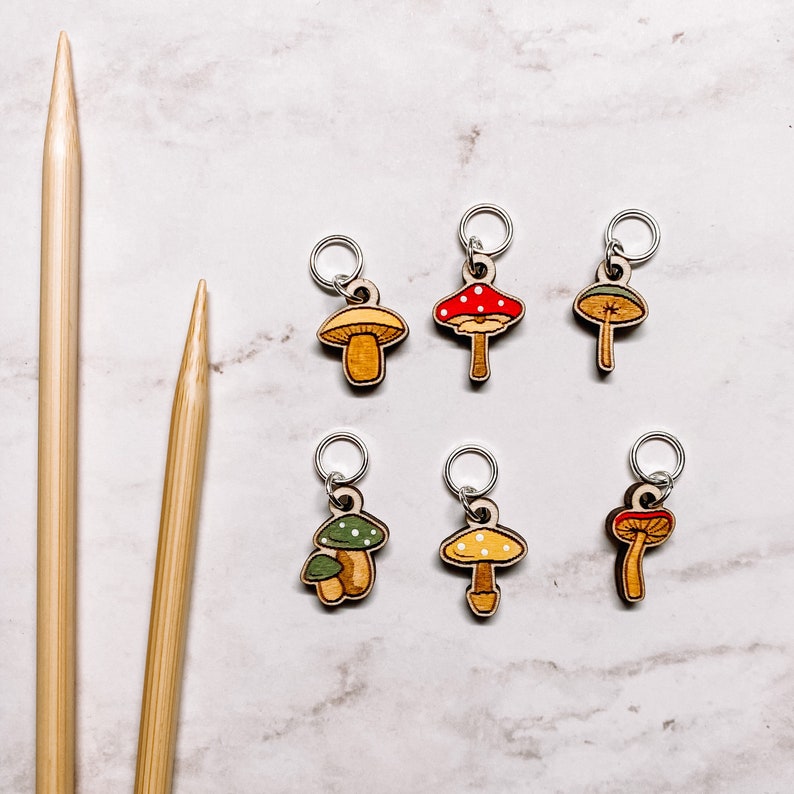 Mushroom Stitch Markers Laser Engraved Knitting and Crochet Progress Keepers Cottagecore Knitting Crochet Tools image 4