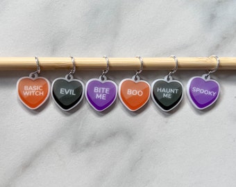 Halloween Conversation Heart Stitch Markers - Spooky Candy Acrylic Knitting and Crochet Progress Keepers - Fall Knitting Crochet Tools