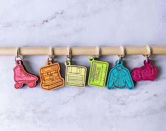 80s Themed Neon Stitch Markers - Laser Engraved Knitting and Crochet Progress Keepers - 1980s Day Glo Knitting Tools