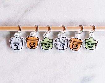 Retro Halloween Treat Bucket Stitch Markers - Fast Food Acrylic Knitting and Crochet Progress Keepers - Spooky Knitting Crochet Tools