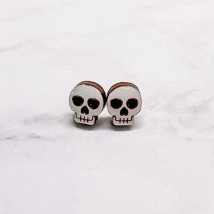 Skull Stud Earrings - Hand Painted Skeleton Wood Earrings - Halloween Wood and Resin Laser Cut Jewelry