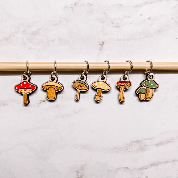 Mushroom Stitch Markers - Laser Engraved Knitting and Crochet Progress Keepers - Cottagecore Knitting Crochet Tools