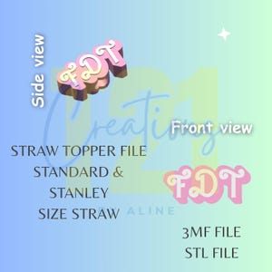 May include: A digital file for a straw topper, featuring the letters "FDT" in a 3D design. The design is in pink, yellow, and brown, with the text "STRAW TOPPER FILE" and "STANDARD & STANLEY SIZE STRAW" visible.