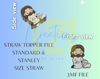 Puede incluir: Un archivo de adorno de pajita con una ilustración de dibujos animados de una figura religiosa y un cordero. El diseño se muestra desde la vista lateral y frontal. El texto incluye "STRAW TOPPER FILE", "STANDARD & STANLEY SIZE STRAW", "3MF FILE" y "STL FILE".