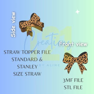 Könnte beinhalten: Eine digitale Datei für einen Strohhalm-Topper in Form einer Schleife mit Leopardenmuster. Das Bild zeigt eine Seiten- und Vorderansicht der Schleife. Der Text auf dem Bild lautet "STRAW TOPPER FILE" und "STANDARD & STANLEY SIZE STRAW".