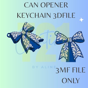 Peut inclure: Un fichier 3D numérique pour un porte-clés ouvre-boîte avec un motif de nœud bleu et des détails en forme de feuilles blanches. Le texte CAN OPENER KEYCHAIN 3DFILE et 3MF FILE ONLY BY ALINE est visible. Il s'agit d'un fichier pour impression 3D.