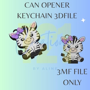 May include: A digital 3D file for a can opener keychain featuring a cartoon zebra with black and white stripes, a purple bow on its head, and a small metal ring attachment. The text CAN OPENER KEYCHAIN 3DFILE and 3MF FILE ONLY is visible.