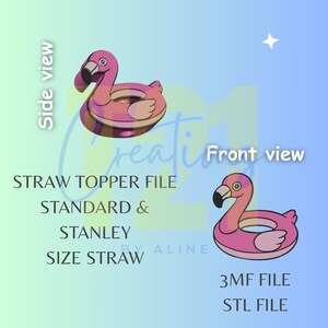 Könnte beinhalten: Eine digitale Grafik mit einem pinkfarbenen Flamingo-Strohhalm-Aufsatz in Seiten- und Vorderansicht. Der Text umfasst: Side view, Front view, STRAW TOPPER FILE STANDARD & STANLEY SIZE STRAW, 3MF FILE, STL FILE. Das Design zeigt einen Flamingo-Ring.