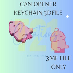 Op de afbeelding: Een digitale afbeelding met twee roze, cartoonachtige blikopener-sleutelhangers. De tekst luidt CAN OPENER KEYCHAIN 3DFILE, 3MF FILE ONLY en BY ALINE. De achtergrond is een verloop van lichtgroen naar blauw met een klein wit sterretje.