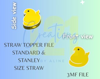 May include: A digital file design for a straw topper, featuring a yellow chick design. The image includes side and front views of the chick, along with text indicating file types and straw sizes.