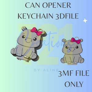 以下が含まれることがあります： ピンクのリボンをつけたカバのキャラクターが描かれた缶切りキーホルダー用のデジタル3Dファイル。CAN OPENER KEYCHAIN 3DFILEおよび3MF FILE ONLYというテキストが表示されています。黒い輪郭線で描かれた灰色のカバのデザインです。