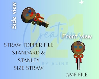 May include: A digital file design for a straw topper, featuring a gingerbread man design with a red bow. The image includes a side and front view of the topper, along with text indicating compatibility with standard and Stanley size straws.