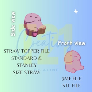 Op de afbeelding: Een digitale afbeelding met een roze, fallusvormige rietjes-topper in zij- en vooraanzicht. De tekst luidt: Side view, Front view, STRAW TOPPER FILE STANDARD & STANLEY SIZE STRAW, 3MF FILE, STL FILE, 121 Creations by Aline.