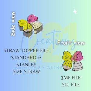 Puede incluir: Archivo digital para un adorno de pajita con diseño de lápiz y cuaderno, con un lazo rosa. El texto incluye "STRAW TOPPER FILE", "STANDARD & STANLEY SIZE STRAW", "3MF FILE" y "STL FILE". La imagen muestra una vista lateral y frontal.