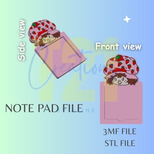 Puede incluir: Un diseño digital para un bloc de notas que presenta un personaje con cabello castaño que usa un sombrero rosa decorado con fresas rojas. La imagen muestra una vista lateral y una vista frontal del bloc, etiquetadas como NOTE PAD FILE, 3MF FILE y STL FILE.