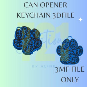 Op de afbeelding: Twee blauwe sleutelhangers in de vorm van een poot met een luipaardprint. De tekst "CAN OPENER KEYCHAIN 3DFILE" staat bovenaan. De tekst "3MF FILE ONLY" staat onderaan. De sleutelhangers staan op een blauwgroene gradiënt achtergrond.
