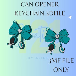 Op de afbeelding: Tealkleurige 3D-bestand voor een blikopener sleutelhanger. Het ontwerp heeft een strik met een hart in het midden en een blikopener vorm. De tekst op de afbeelding luidt "CAN OPENER KEYCHAIN 3D FILE" en "3MF FILE ONLY".
