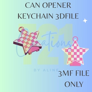 Op de afbeelding: Een digitaal 3D-bestand voor een stervormige sleutelhangerblikopener. De ster heeft een roze en wit geblokt patroon, een roze rand en een metalen lus. De tekst op de afbeelding luidt "CAN OPENER KEYCHAIN 3DFILE" en "3MF FILE ONLY".