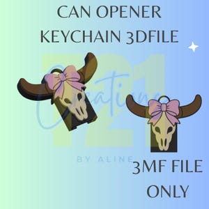 Könnte beinhalten: Zwei digitale Darstellungen eines Dosenöffner-Schlüsselanhängers mit einem beigen Kuhschädel, dunkelbraunen Hörnern und einer hellrosa Schleife. Der Text CAN OPENER KEYCHAIN 3DFILE und 3MF FILE ONLY ist sichtbar. Dies ist eine digitale 3D-Datei.