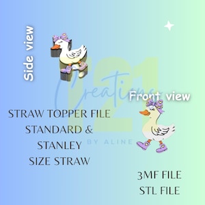 May include: A straw topper file featuring a cartoon duck with a bow and heart-shaped accents. The duck is wearing boots with heart details. The text includes "STRAW TOPPER FILE", "STANDARD & STANLEY SIZE STRAW", and "3MF FILE STL FILE".