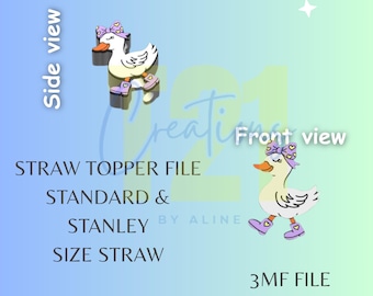 May include: A straw topper file featuring a cartoon duck with a bow and heart-shaped accents. The duck is wearing boots with heart details. The text includes "STRAW TOPPER FILE", "STANDARD & STANLEY SIZE STRAW", and "3MF FILE STL FILE".