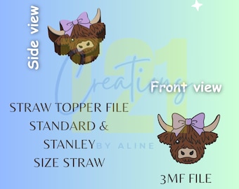 May include: A digital file for a straw topper featuring a Highland cow design with a purple bow. The image includes a side and front view of the cow, with text indicating compatibility with standard and Stanley size straws.