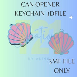Puede incluir: Un archivo 3D digital para un llavero abrelatas, con un diseño de concha marina en rosa y naranja. El texto "CAN OPENER KEYCHAIN 3DFILE" está en la parte superior, con "3MF FILE ONLY" en la parte inferior. El fondo es un degradado azul y verde.