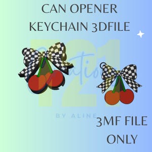 Puede incluir: Un archivo 3D digital para un llavero abrelatas. El diseño presenta un par de cerezas con un lazo a cuadros en blanco y negro. El texto de la imagen dice "CAN OPENER KEYCHAIN 3DFILE" y "3MF FILE ONLY".
