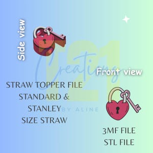 May include: A digital file featuring a heart-shaped lock and key design, labeled as a straw topper file. The image includes side and front views of the design, with text indicating compatibility with standard and Stanley size straws. Additional text includes "3MF FILE" and "STL FILE."