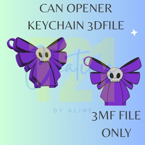 Op de afbeelding: Een digitaal 3D-bestand voor een paarse strikvormige blikopener-sleutelhanger met een centraal schedel-embleem. De tekst CAN OPENER KEYCHAIN 3DFILE en 3MF FILE ONLY wordt weergegeven. Dit is een digitaal ontwerpbestand voor 3D-printen.