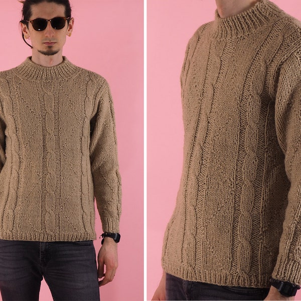 Vintage Men Classic Fisherman Sweater/ Wool Brown Beige sweater/ Unisex sweater/ Folk Irish/ Christmas / Scandinavian / Size Small - Medium