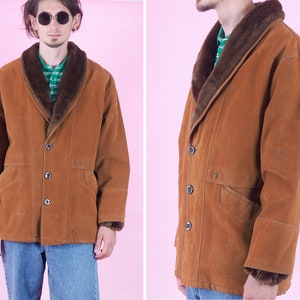 Vintage men Shearling coat made in Italy/ Faux suede leather Men fur coat/ Shearling brown fur coat/ Suede jacket/ European/ Size Large