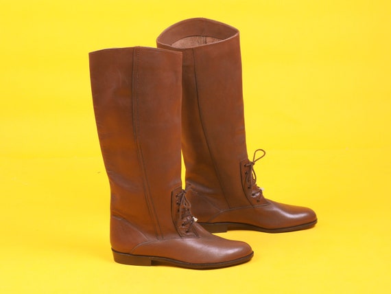 Vintage women knee high boots/ Long brown lace up