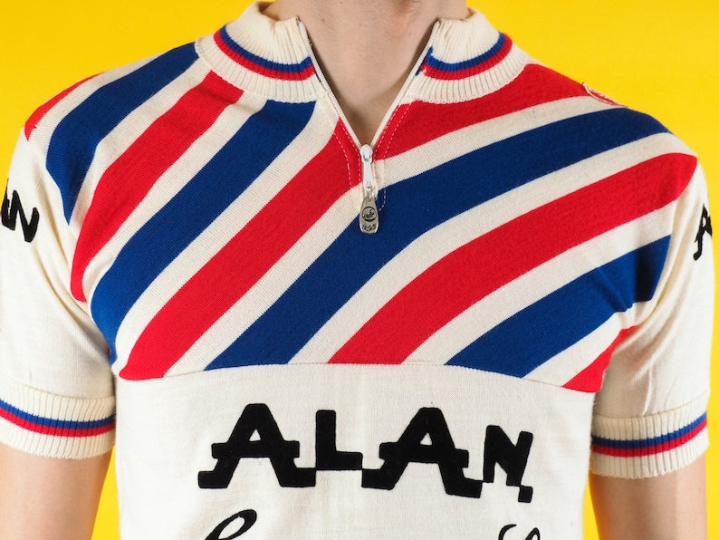 Castelli AlAN striped shirt Bicycle racing 70s Italy Striped red blue Size Medium 4 Vintage Campagnolo cycling jersey Very rare!!