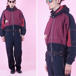 Vintage Men GetnGo Ski Suit/ Colour Block Black Ski Overall/ Winter Suit/ Embroidered Winter/ 80s 90s Snowboard one piece suit/ Size Large