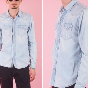 Vintage mannen replay popper knop denim shirt/westerse cowboy land shirt/90s shirt/button down shirt/maat klein