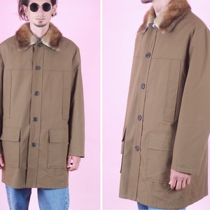 Vintage Classic Coat with Genuine Fur Collar/ Brown Peacoat/ Germany European coat/ Winter jacket/ Button long jacket/ Size Large