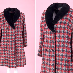 Abrigo de lana de patrón de pata de gallo de mujer vintage / Peacoat gris rojo con cuello de piel / abrigo de lana pura de los años 60 / abrigo de invierno corto / tamaño mediano - grande