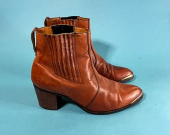 Vintage Brown Cowboy Boots / Leather Boots with Gold Metal Toe Decoration / Classic Western Festive Spanish / Size EU 42 / UK W 8 / US W 10